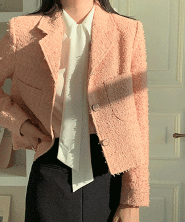 [3색] 샤샤 프린지 펄 트위드 자켓 , 아이보리 싱글 카라 봄 크롭 숏 코트 재킷 핑크 화이트 하늘색 러블리 로맨틱